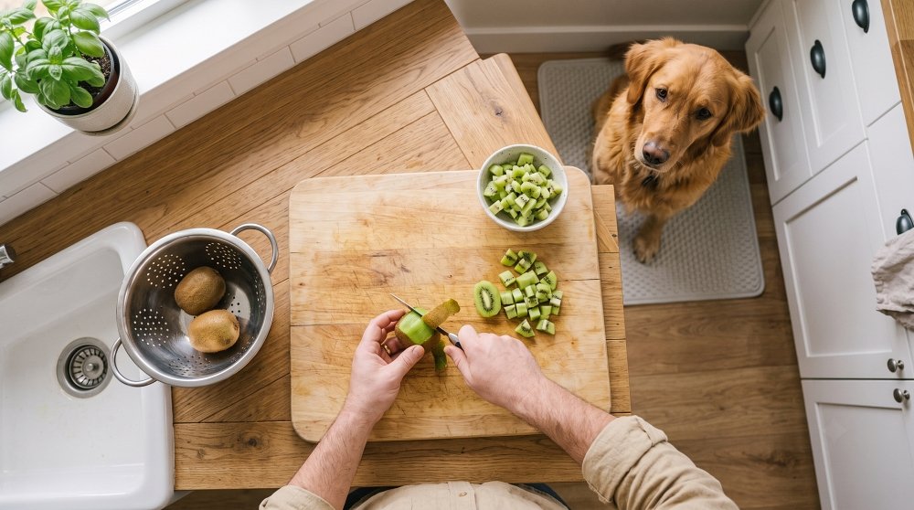 Overhead view of a person peeling and dicing kiwi on a cutting board while a Golden Retriever watches from below