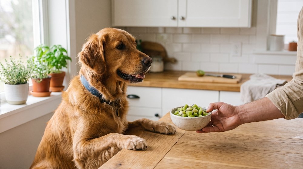 Person serving a bowl of chopped fresh kiwi to an eager Golden Retriever in a kitchen