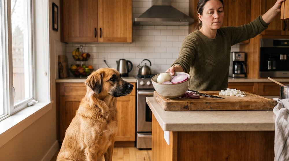 Pet dog near raw onions being chopped on kitchen island