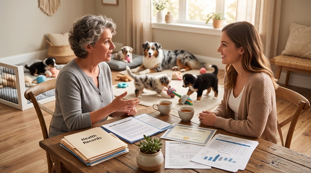 Reviewing Australian Shepherd puppy health clearances and papers with breeder
