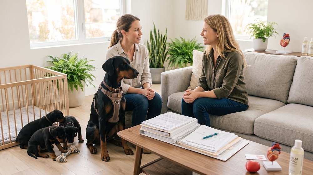 Reviewing Doberman puppy health papers with breeder at home