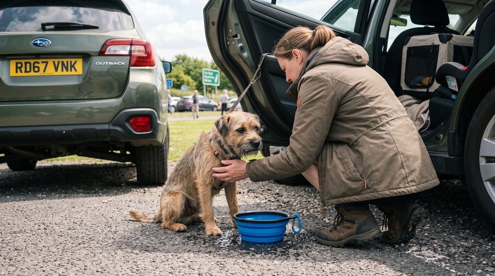 Small scruffy dog resting beside car with travel water bowl
