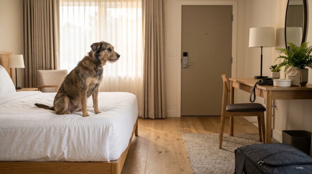 Terrier mix dog sitting alert on a bed inside a pet-friendly hotel room