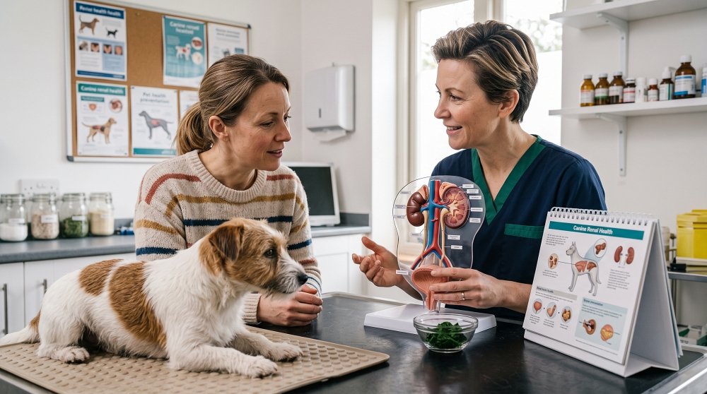 Veterinarian explaining canine kidney health and nutrition to a dog owner with an anatomical model