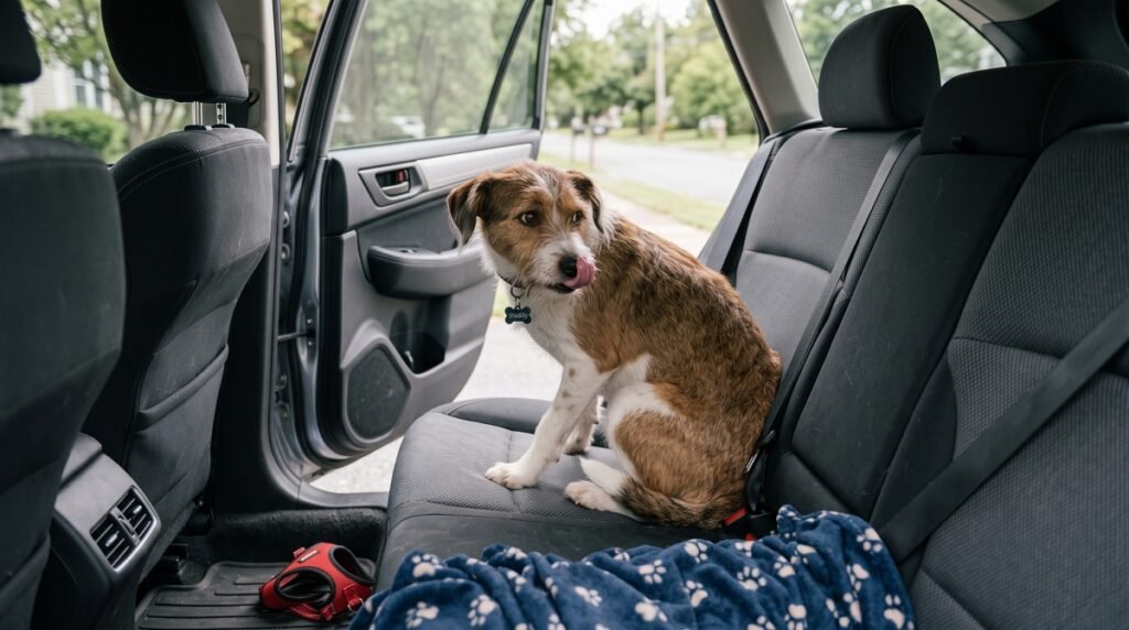 Wirehaired terrier mix sitting nervously on a car back seat next to a harness