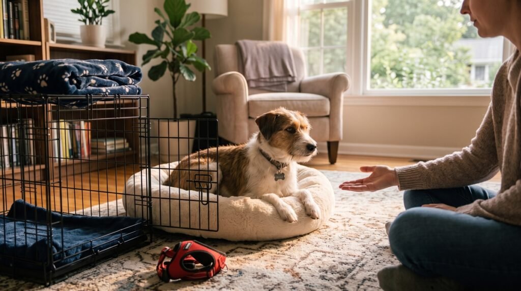 Woman crate training a terrier mix dog resting on a round plush bed indoors