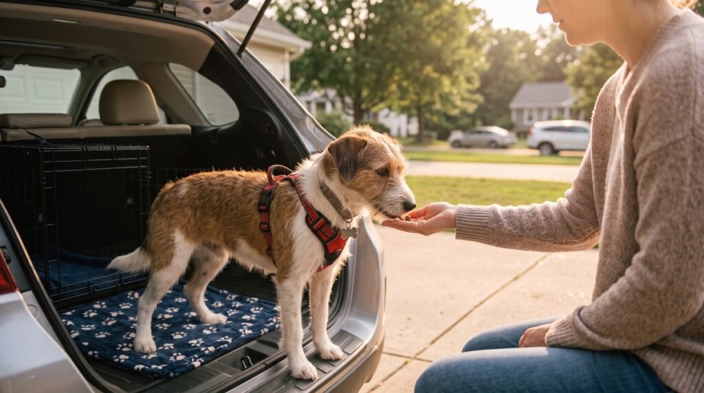 Woman giving a treat to a harnessed dog standing inside an open car trunk