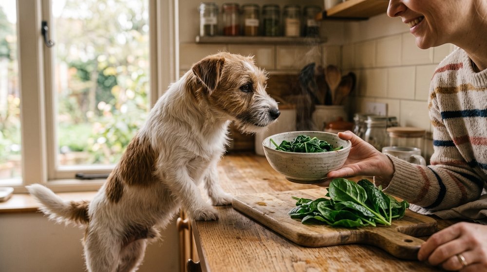 Woman offering a bowl of steamed spinach to a curious Jack Russell Terrier in a kitchen