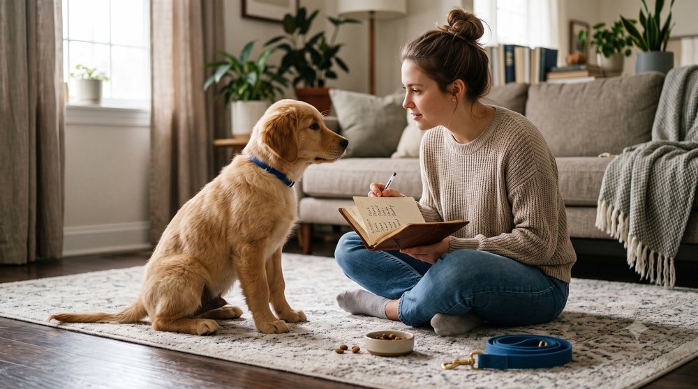 Woman sitting on the floor training a Golden Retriever puppy with a notebook and leash