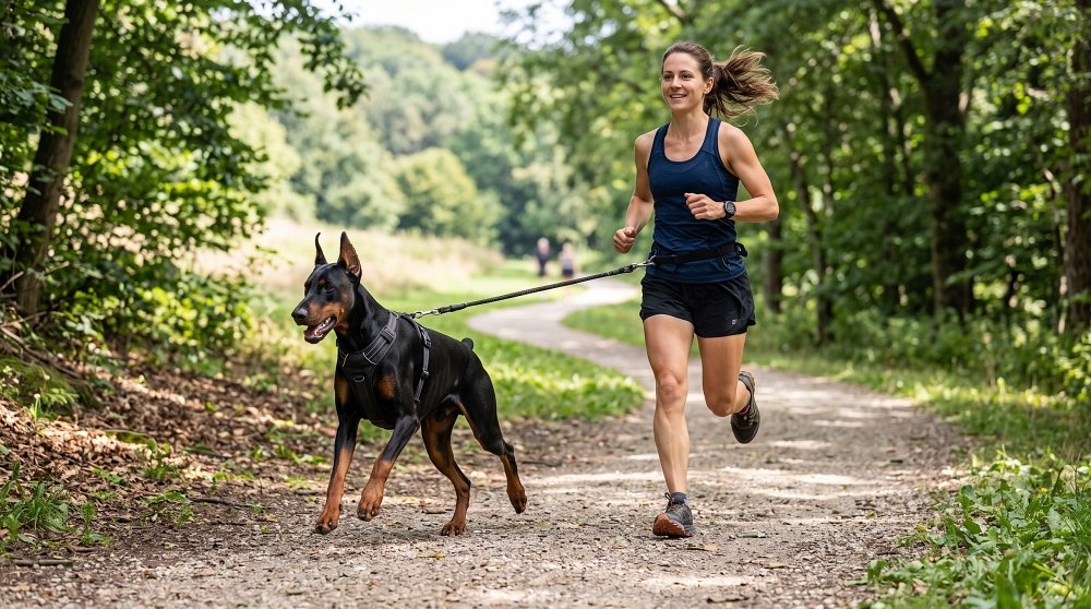 Woman trail running with Doberman Pinscher dog