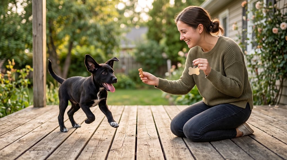 Woman training a playful black puppy with a treat and pet ID tag outdoors