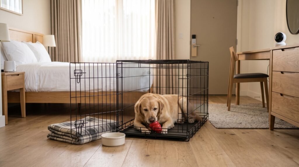 Yellow Labrador resting inside an open wire crate with a chew toy in a hotel room