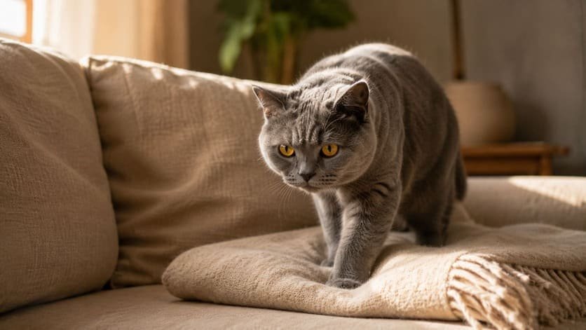 Adult British Shorthair cat settling onto a blanket in a new home's living room