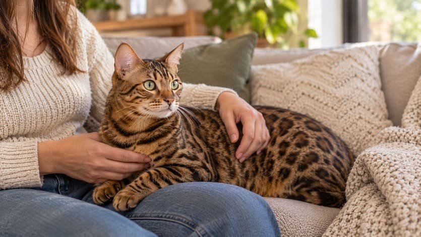 Owner gently holding a calm Bengal cat on a sofa during an at-home health check