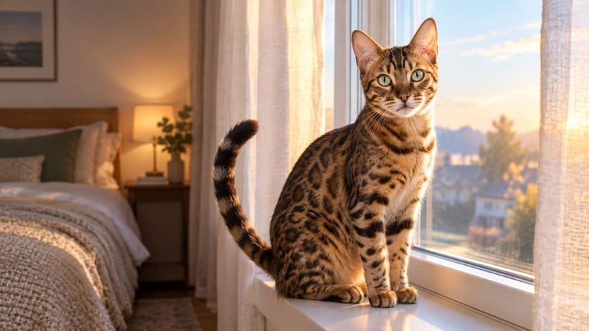 Bengal cat sitting on a bedroom windowsill at dawn with ears forward and tail twitching