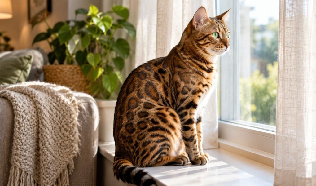 Female Bengal cat with rosette spots sitting on a sunlit windowsill in a cozy living room
