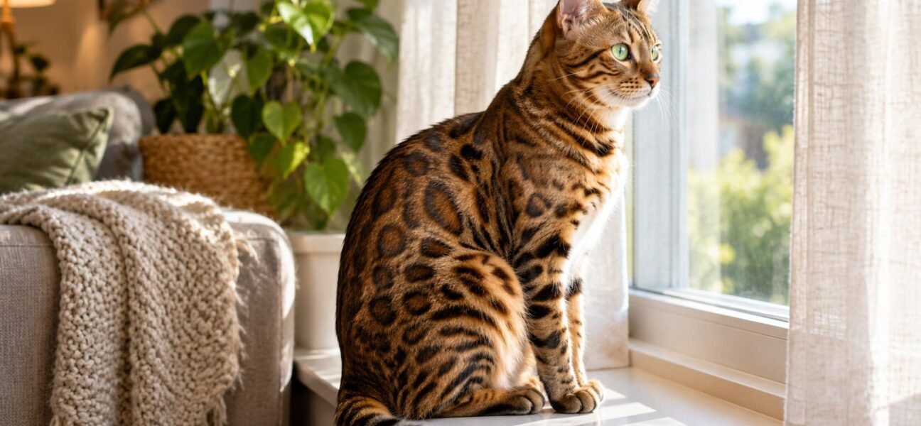 Female Bengal cat with rosette spots sitting on a sunlit windowsill in a cozy living room