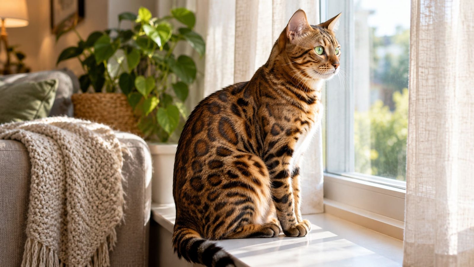 Female Bengal cat with rosette spots sitting on a sunlit windowsill in a cozy living room
