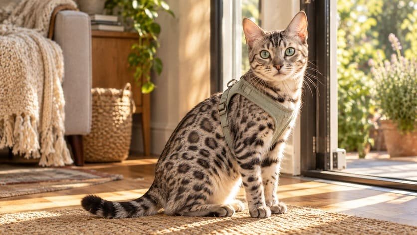 Bengal cat wearing a harness sitting beside an open patio door in warm daylight