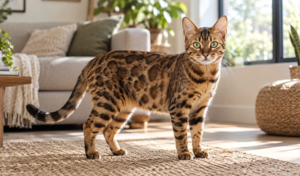 Rosetted brown Bengal cat standing alert on a living room rug in soft morning light