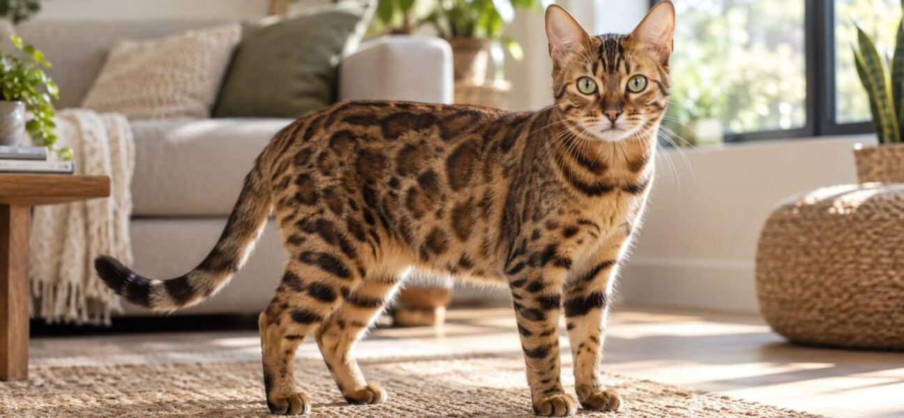 Rosetted brown Bengal cat standing alert on a living room rug in soft morning light