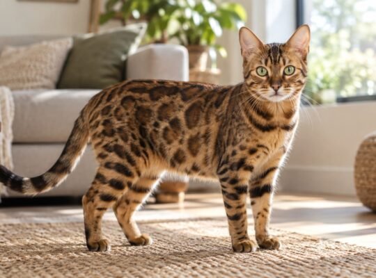 Rosetted brown Bengal cat standing alert on a living room rug in soft morning light
