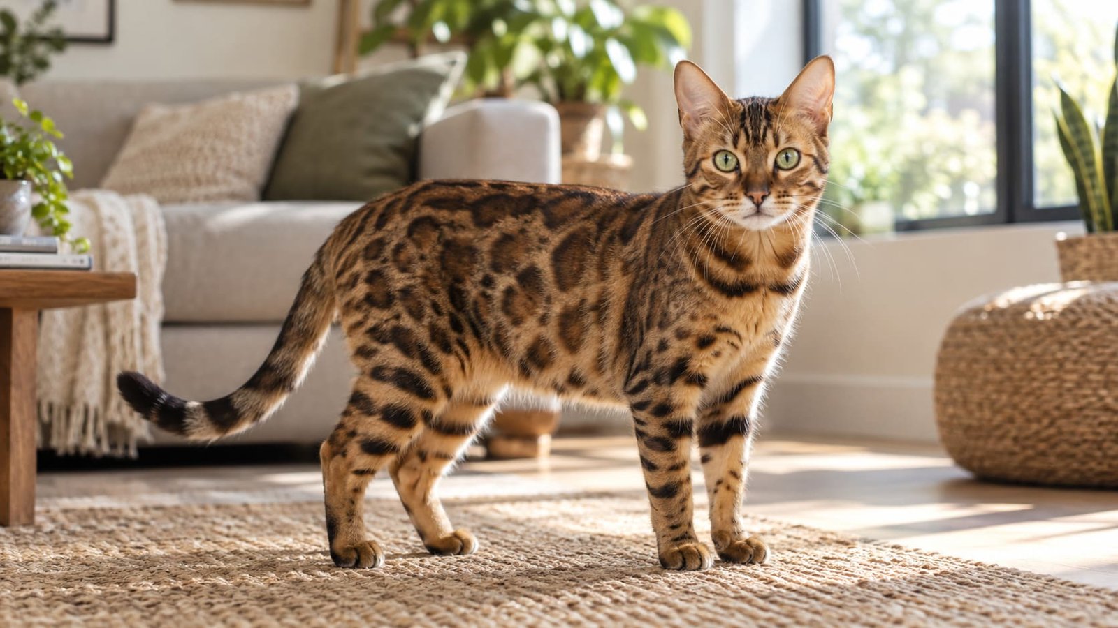 Rosetted brown Bengal cat standing alert on a living room rug in soft morning light