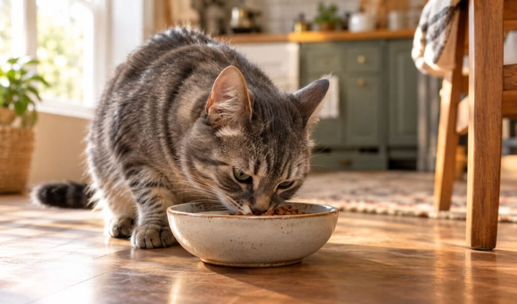 Gray tabby cat eating from a ceramic bowl on a kitchen floor in soft morning light