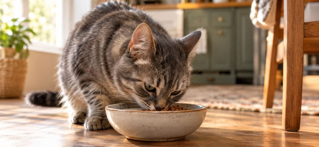 Gray tabby cat eating from a ceramic bowl on a kitchen floor in soft morning light