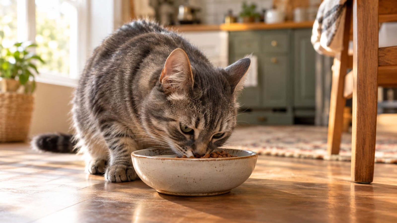 Gray tabby cat eating from a ceramic bowl on a kitchen floor in soft morning light