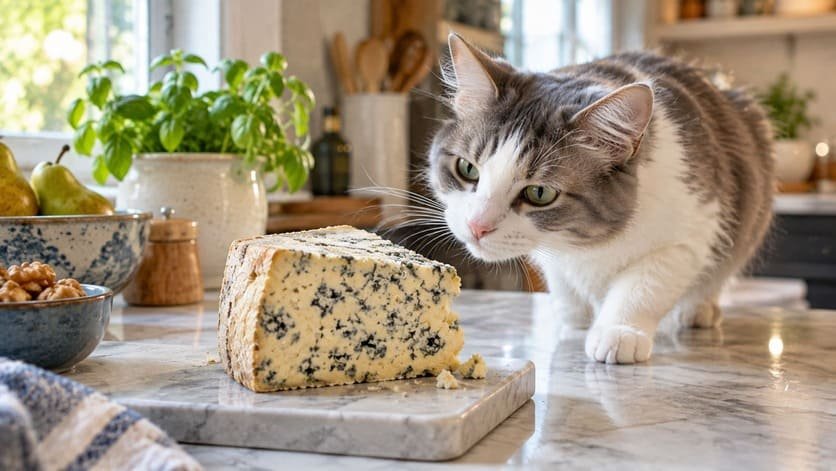 Wedge of blue-veined cheese on a counter with a curious female cat nearby