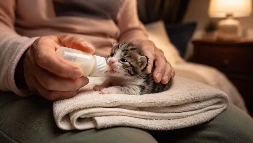 Hands bottle-feeding a tiny orphaned kitten lying belly-down on a soft towel