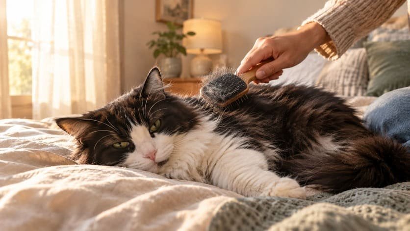 Person gently brushing a long haired black and white cat lying on a bed in warm light