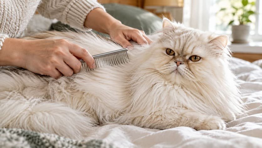 Hands combing a long haired white Persian cat's coat with a steel comb