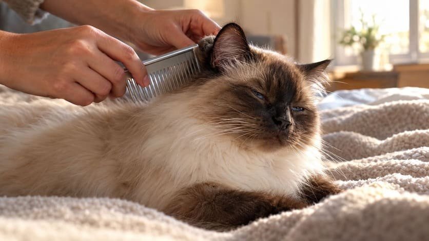 Owner gently combing the fur behind the ears of a relaxed chocolate point Ragdoll cat