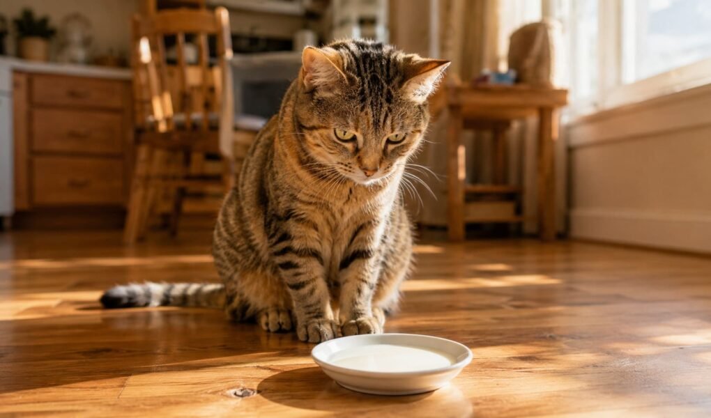 Female tabby cat looking at a small white saucer of milk on a sunlit kitchen floor