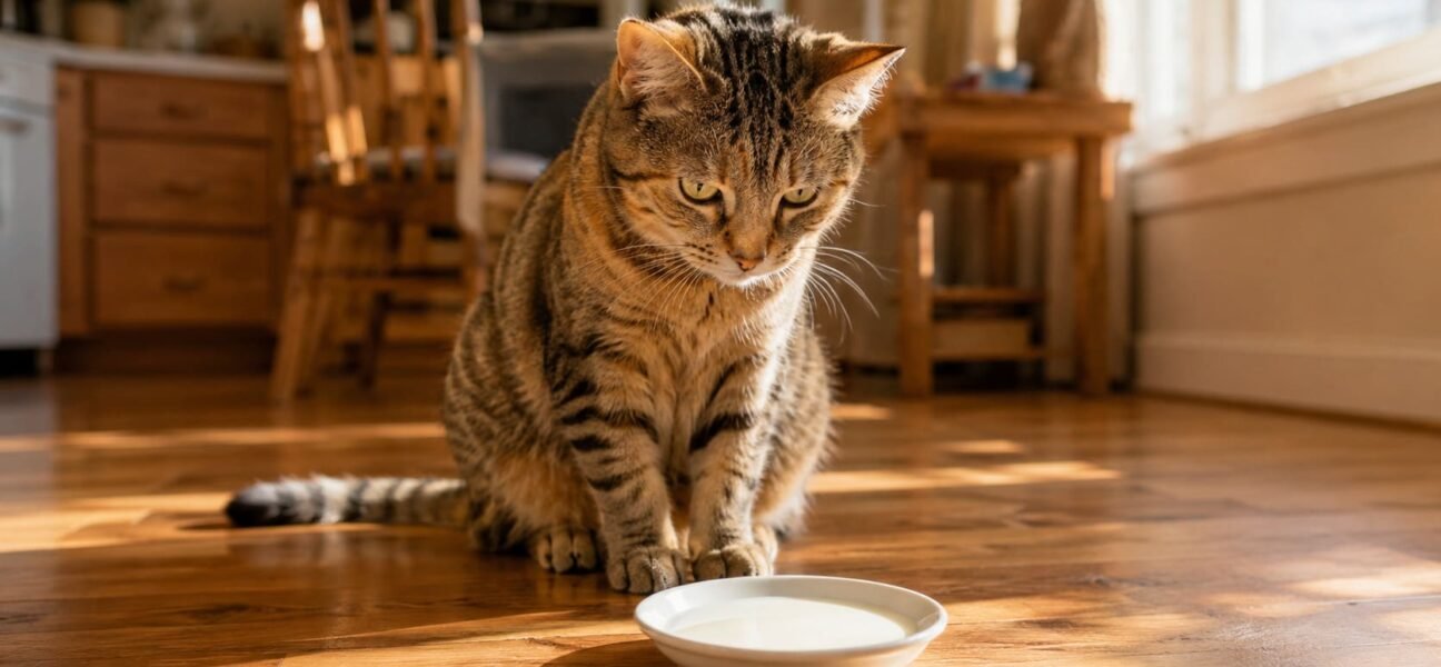 Female tabby cat looking at a small white saucer of milk on a sunlit kitchen floor