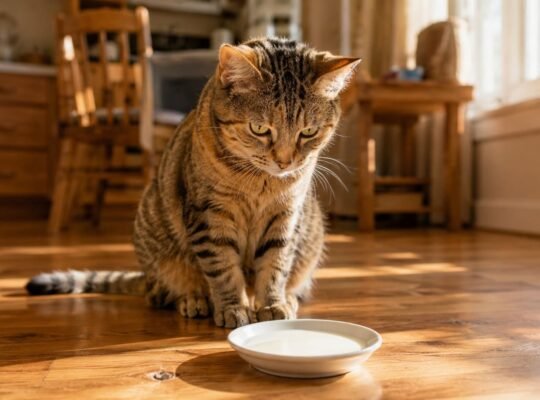 Female tabby cat looking at a small white saucer of milk on a sunlit kitchen floor