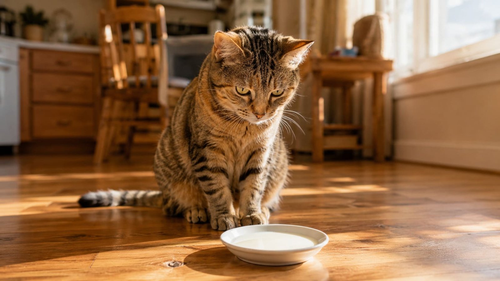 Female tabby cat looking at a small white saucer of milk on a sunlit kitchen floor