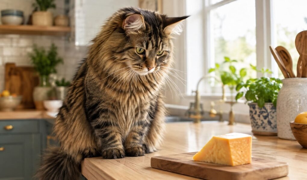 Female tabby cat watching a small cheese board on a sunlit kitchen counter