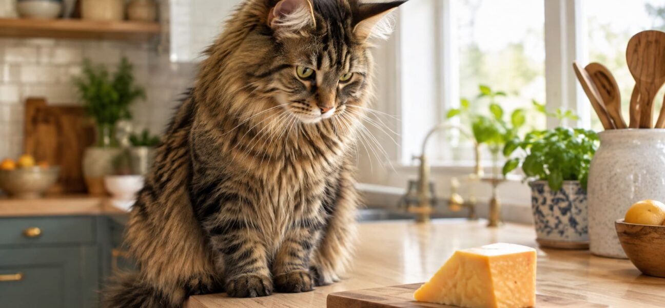 Female tabby cat watching a small cheese board on a sunlit kitchen counter