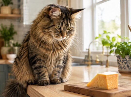 Female tabby cat watching a small cheese board on a sunlit kitchen counter