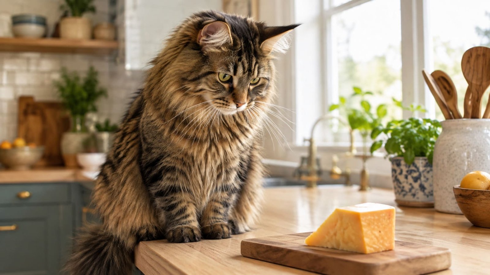Female tabby cat watching a small cheese board on a sunlit kitchen counter