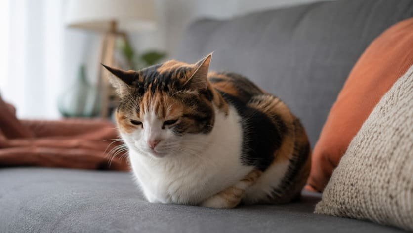 Female calico cat sitting hunched in a tight loaf position on a couch, eyes half closed