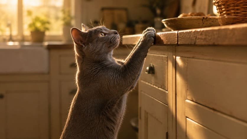 Female gray cat stretching up toward a kitchen counter with focused eyes and forward-facing ears