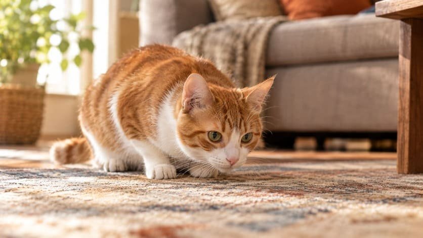 Orange and white cat crouched low on a rug with her head lowered before vomiting