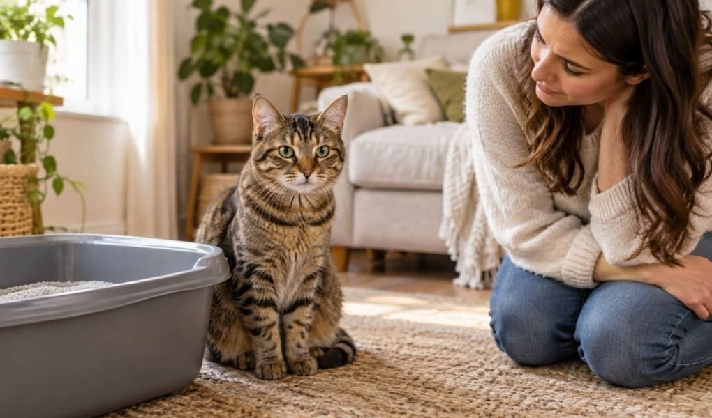 Tabby cat sitting beside a litter box on a living room rug while her owner kneels nearby, looking concerned