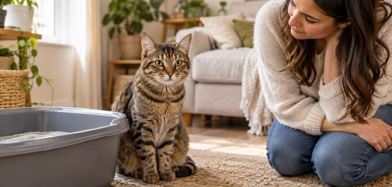 Tabby cat sitting beside a litter box on a living room rug while her owner kneels nearby, looking concerned