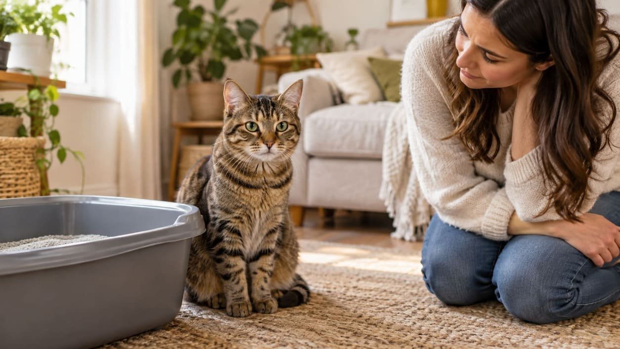 Tabby cat sitting beside a litter box on a living room rug while her owner kneels nearby, looking concerned
