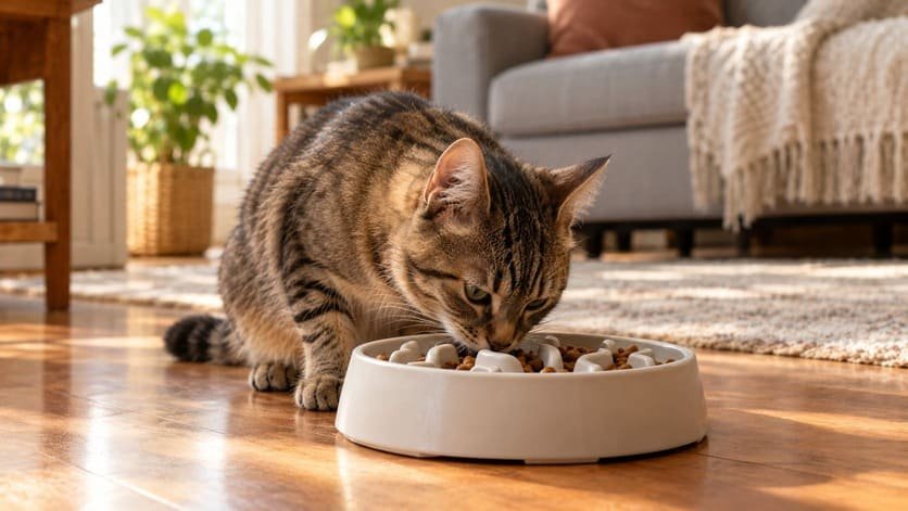 Young tabby cat eating slowly from a puzzle style slow feeder bowl on a wooden floor